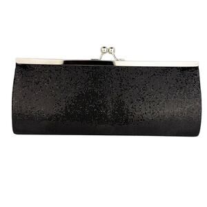 Black Glitter Shiny Silver Metal Kiss-Lock Clasp Long Chain Purse Bag Clutch
